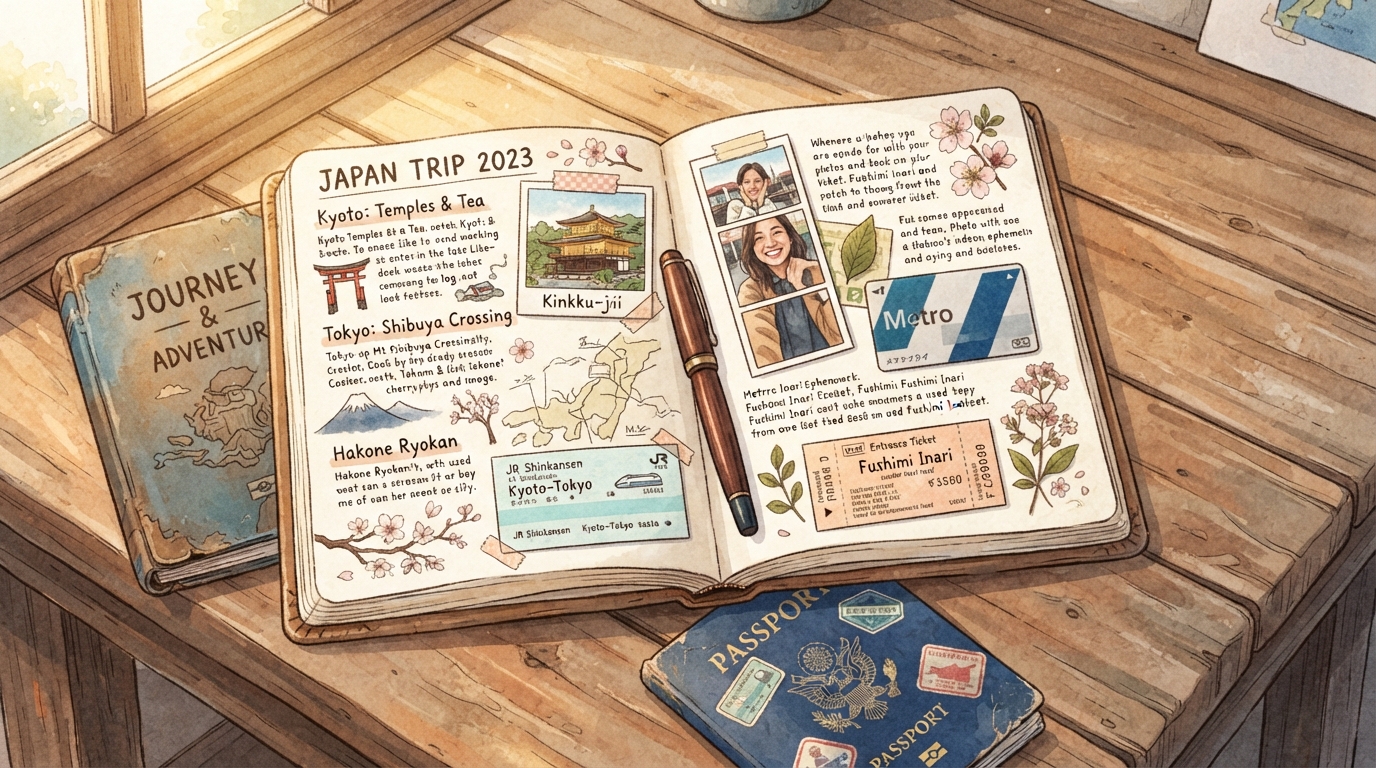 Un carnet de voyage ouvert sur une table en bois, intitulé « Japan Trip 2023 », rempli de notes manuscrites, de petites photos, d'un ticket de train, d'une carte de métro et de fleurs de cerisier dessinées, avec un passeport tamponné posé à côté